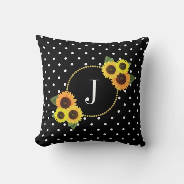 Coussin Chic noir Vintage Fleurs Pois Monogramme (Recto)