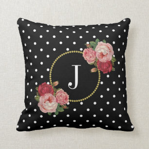 Coussin Chic noir Vintage Fleurs Pois Monogramme