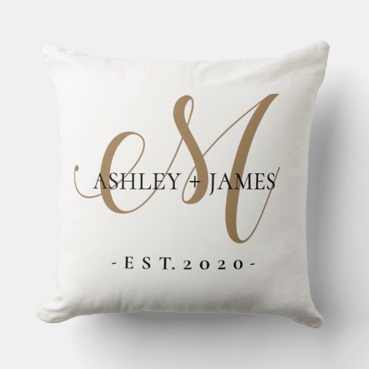 Coussin Chic Or Monogramme Script Nom Date de Mariage (Recto)