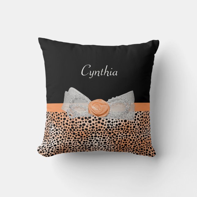 Coussin Chic Orange Cheetah Imprimer mignon Rose Bow et no (Recto)
