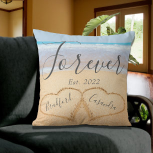 Coussin Chic Poussiéreux Bleu Plage Couple Cœurs Sable
