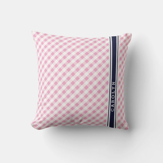 Coussin chic preppy rose marine en vichy motif monogramme (Recto)