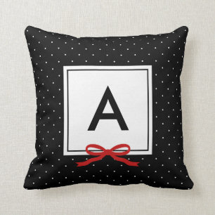 Coussin Chic Red Ribbon Black Polka Dot Motif Monogramme