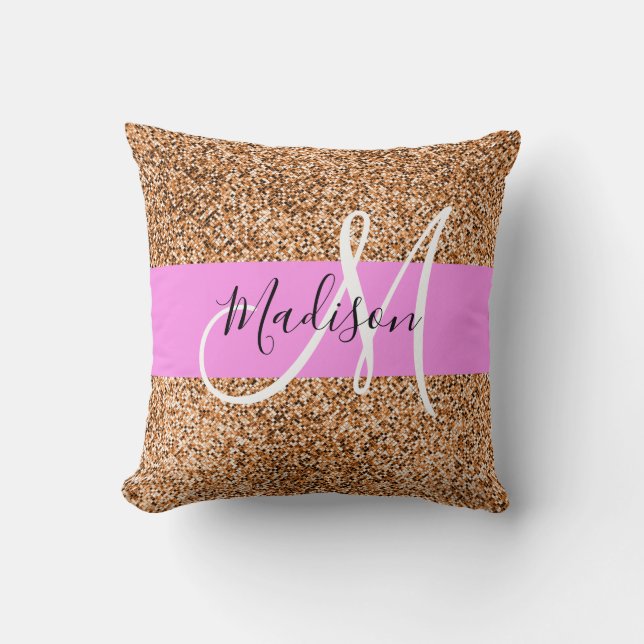 Coussin Chic Rose & Citrouille Paillettes Monogramme Nom (Recto)