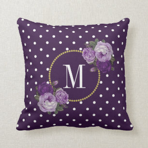 Coussin Chic Royal Purple Vintage Fleurs Dots Monogramme