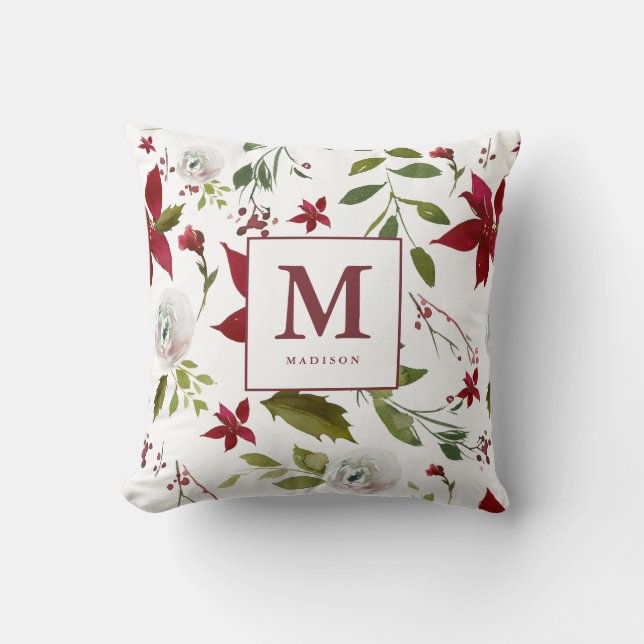Coussin Chic Watercolor Poinsettia Floral Monogramme Nom (Recto)