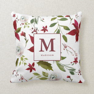 Coussin Chic Watercolor Poinsettia Floral Monogramme Nom