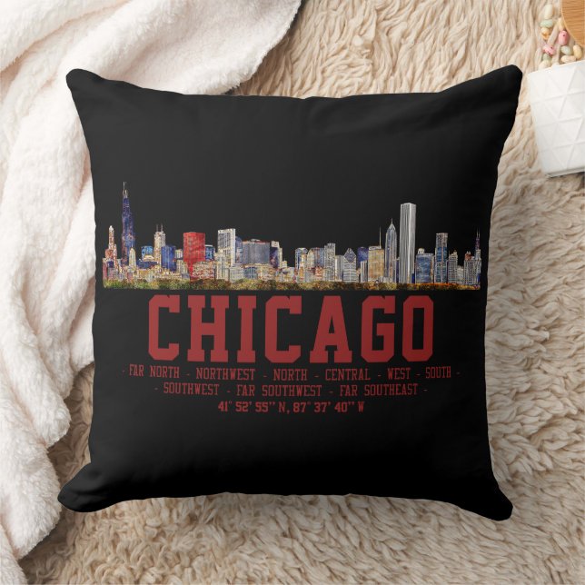 Coussin Chicago Skyline.  Area Names and Coordinates (Couverture)