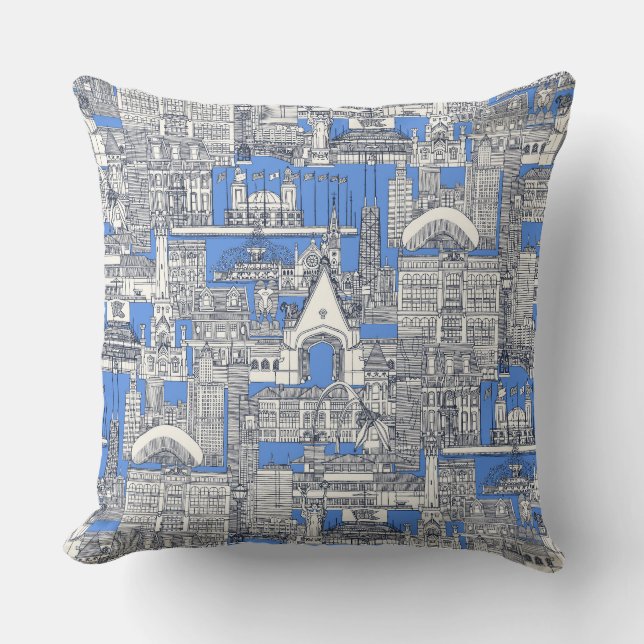 Coussin Chicago toile bleu rétro bleu (Recto)