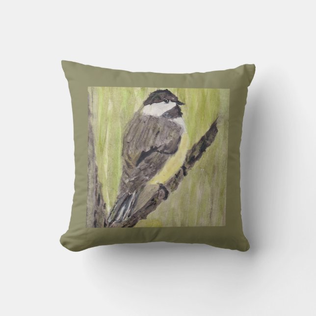Coussin Chickadee Bird - peinture acrylique. (Recto)