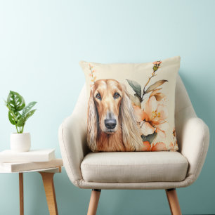 Coussin Chien Afghan Hound et Lys Péches