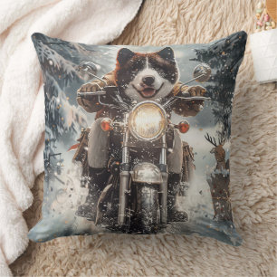 Coussin Chien Akita Américain en moto Noël