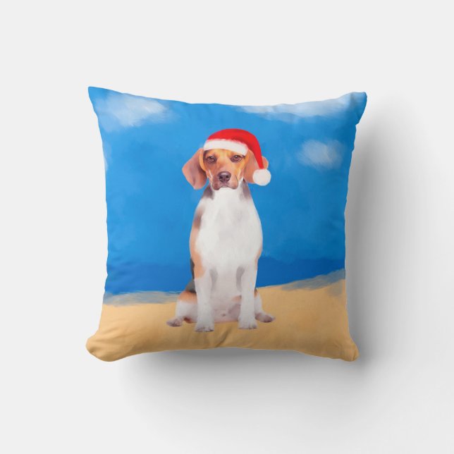 Coussin Chien beagle assis sur la plage Casquette de Noël (Recto)