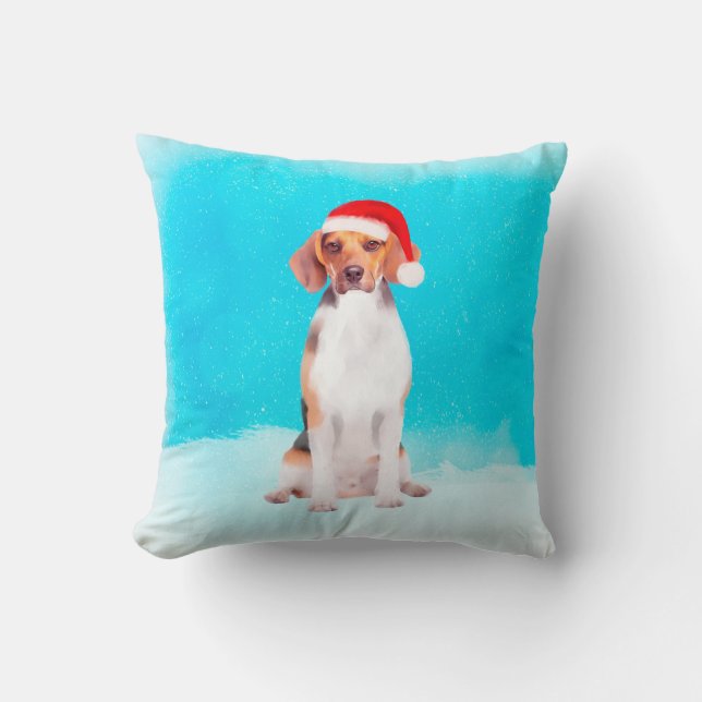 Coussin Chien beagle assis sur la plage Casquette de Noël (Recto)