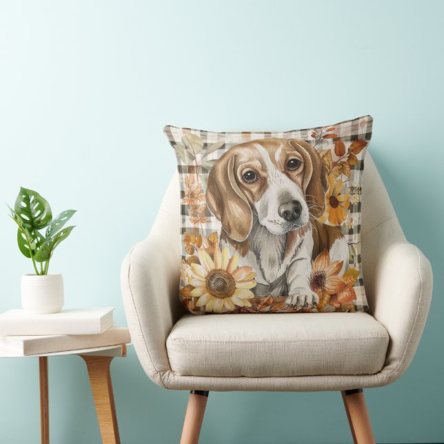 Coussin Chien Beagle Automne Aquarelle Fleurs (Chaise)