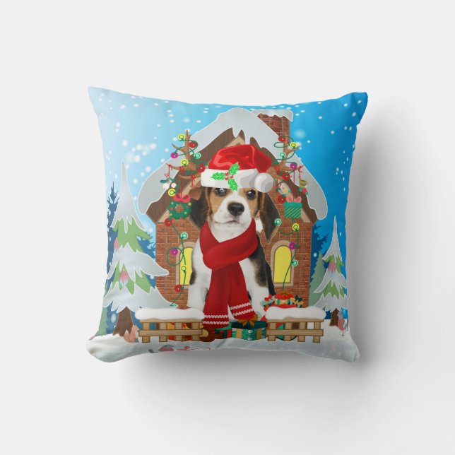 Coussin Chien beagle avec cadeaux de Noël (Recto)