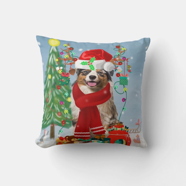 Coussin Chien berger australien en Noël de neige (Recto)
