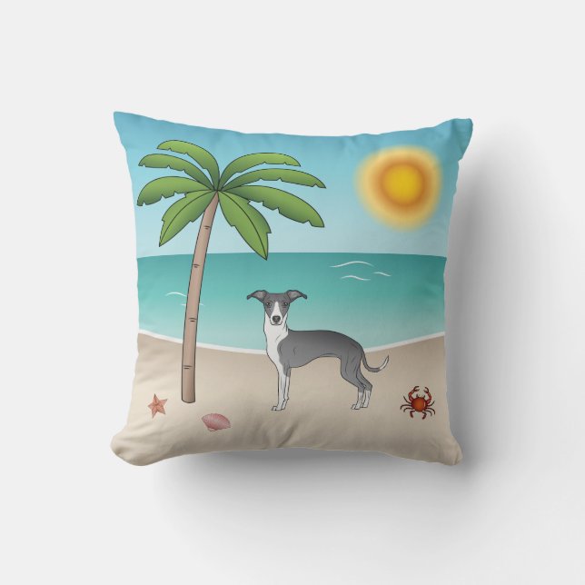 Coussin Chien Blanc Et Bleu À L'Iggy Sur Une Plage Tropica (Recto)