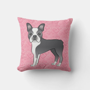 Coussin Chien Boston Terrier bleu et blanc sur des cœurs r