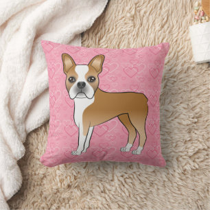 Coussin Chien Boston Terrier Fauve Et Blanc Sur Coeurs Ros