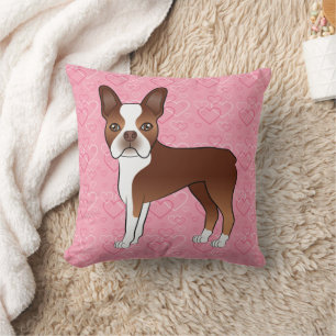 Coussin Chien Boston Terrier Rouge Et Blanc Sur Des Cœurs