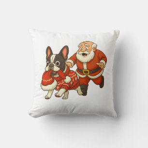 Coussin Chien bouledogue de Noël drôle vole le chapeau du