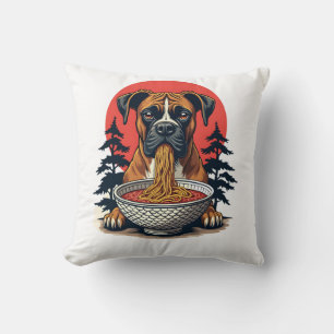 Coussin Chien Boxer Vintage Mangeant Ramen Coucher de Sole