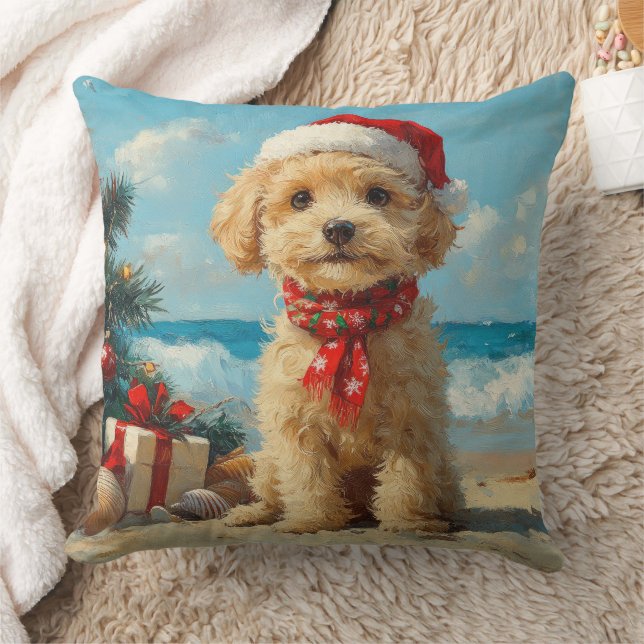 Coussin Chien Caniche Noël Plage Vintage (Couverture)