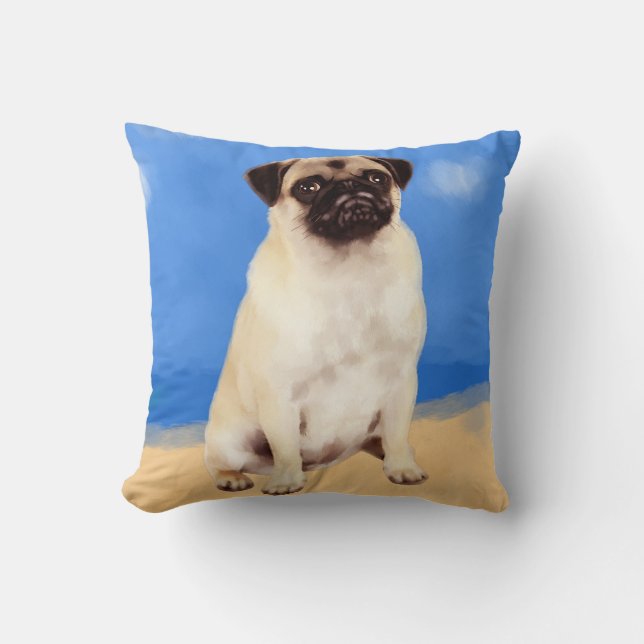 Coussin Chien carlin Assis Sur La Plage (Recto)