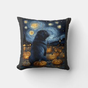 Coussin Chien Carlin noir du ciel étoilé de Van Gogh Hallo