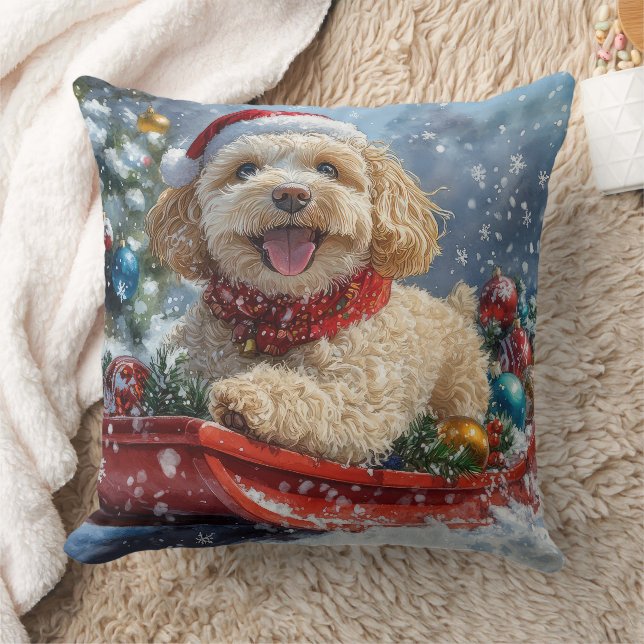 Coussin Chien Cockapoo dans un traîneau Laissez tomber la  (Couverture)