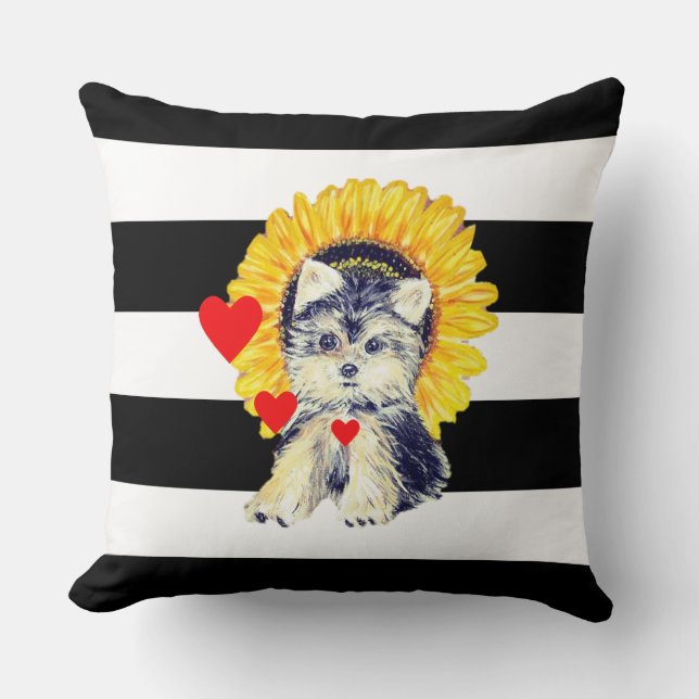 Coussin Chien, coeurs et tournesol sur Black & White Strie (Recto)