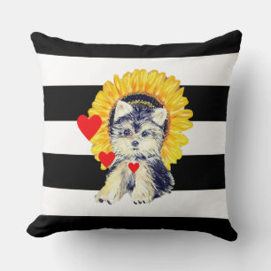 Coussin Chien, coeurs et tournesol sur noir et le blanc