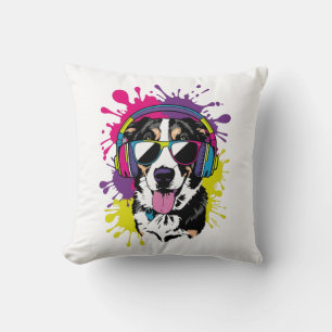 Coussin Chien cool avec casque Pop Art Design