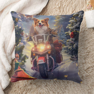 Coussin Chien Corgi à moto Noël