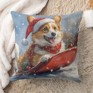 Coussin Chien Corgi en Luge Laissez Tomber la Neige Noël
