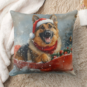 Coussin Chien de berger allemand en traîneau neige Noël