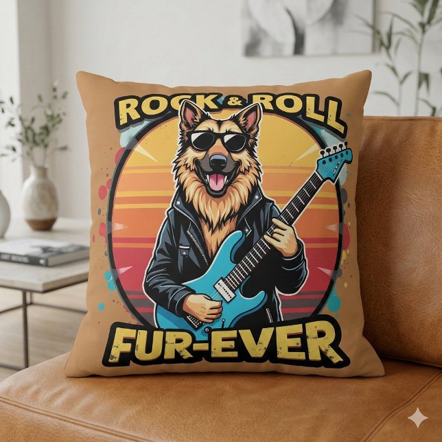 Coussin Chien de Berger Allemand Rock and Roll Rétro Couch (Rock and Roll German Shepherd Retro Sunset Art Throw Pillow Mockup A)