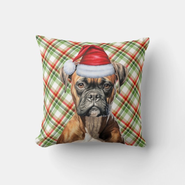 Coussin Chien de boxe Rouge et Vert Plaid Noël Fêtes (Recto)