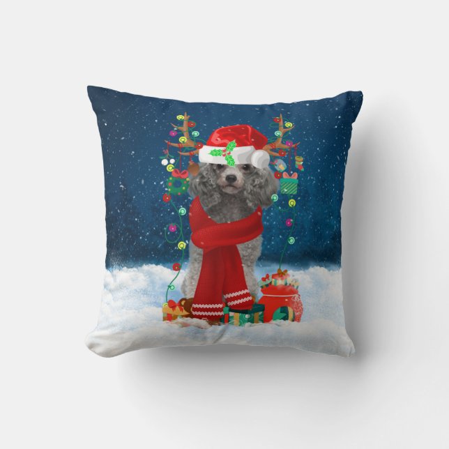 Coussin Chien de caniche avec cadeaux de Noël (Recto)