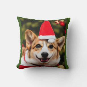 Coussin Chien de Corgi souriant Noël fun