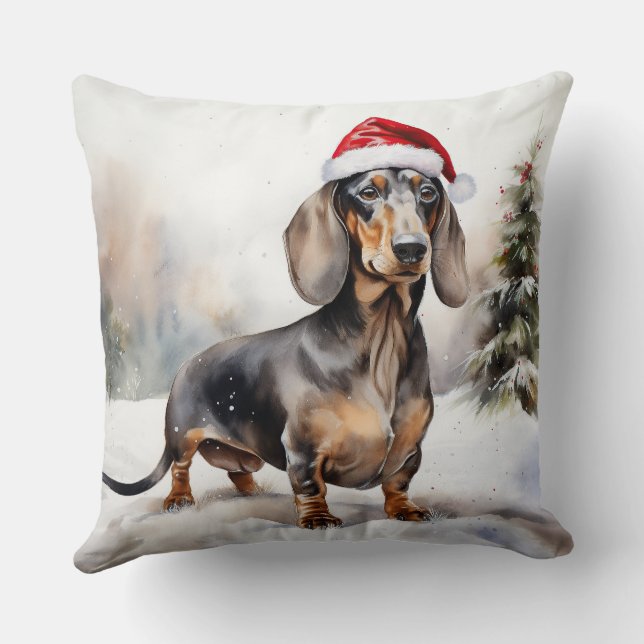 Coussin Chien de Dachshund à Noël de neige (Verso)