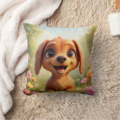 Coussin Chien de dessin animé joyeux dans un champ de fleu (Couverture)