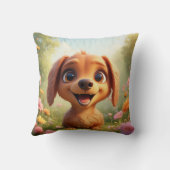 Coussin Chien de dessin animé joyeux dans un champ de fleu (Verso)