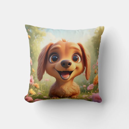 Coussin Chien de dessin animé joyeux dans un champ de fleu (Recto)