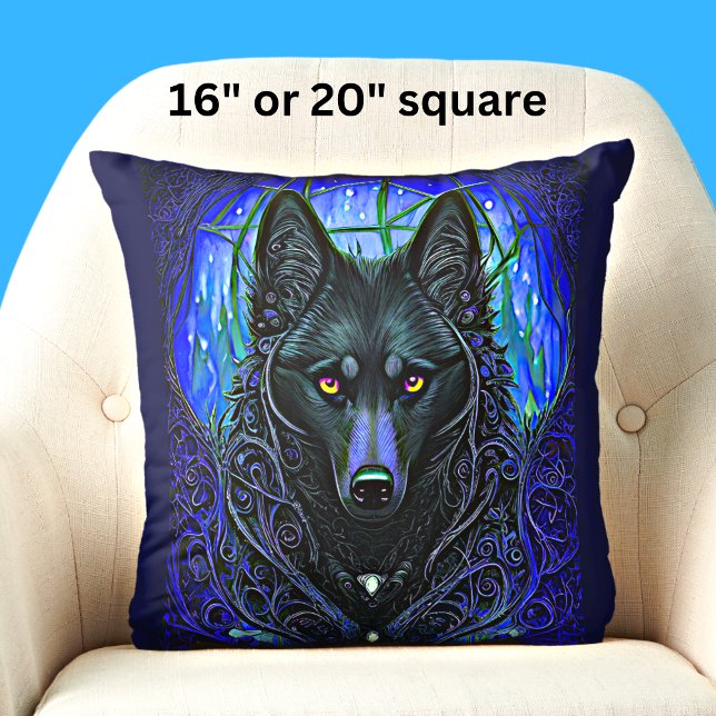 Coussin Chien de loup noir sur bleu (Créateur téléchargé)