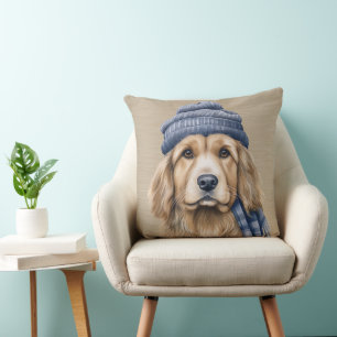 Coussin CHIEN DE SHAGGY Brown ET BLANC AVEC CASQUETTE BLEU