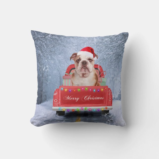 Coussin Chien de taureau anglais en neige assis sur un cam (Recto)