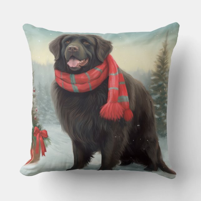 Coussin Chien de Terre-Neuve à Noël de neige (Recto)