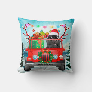 Coussin Chien de Terre-Neuve avec cadeaux de Noël